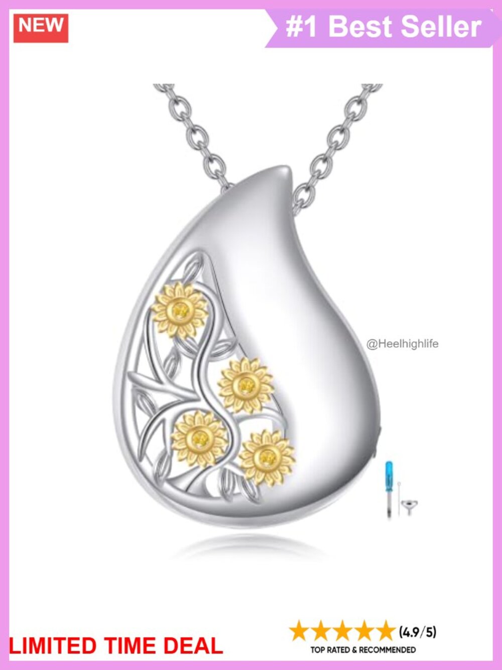 18K White Gold Plated Sunflower Urn Necklace Cubic Zirconia Memorial Jewelry